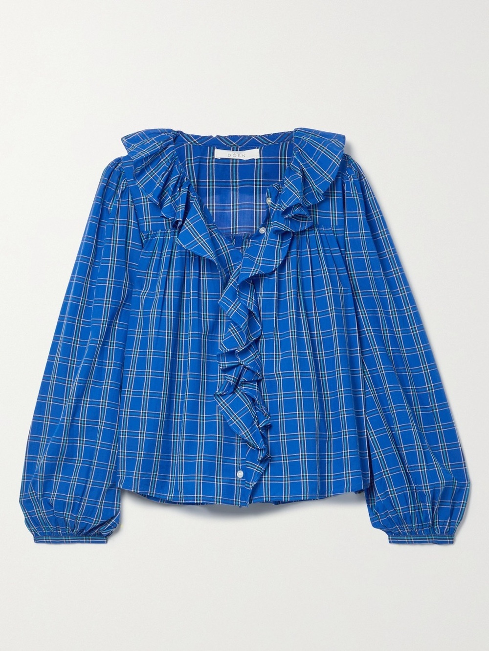 Doen Ellery Cotton Ruffle V Neck Button Long Sleeve Top Park Lane Plaid Blue